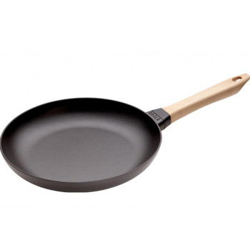 Сковорода чугунная STAUB, круглая, с деревянной ручкой, черная, 26 см